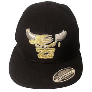 Chicago Bull Head 23 Snapback Hat Black Gold Adjustable Cap